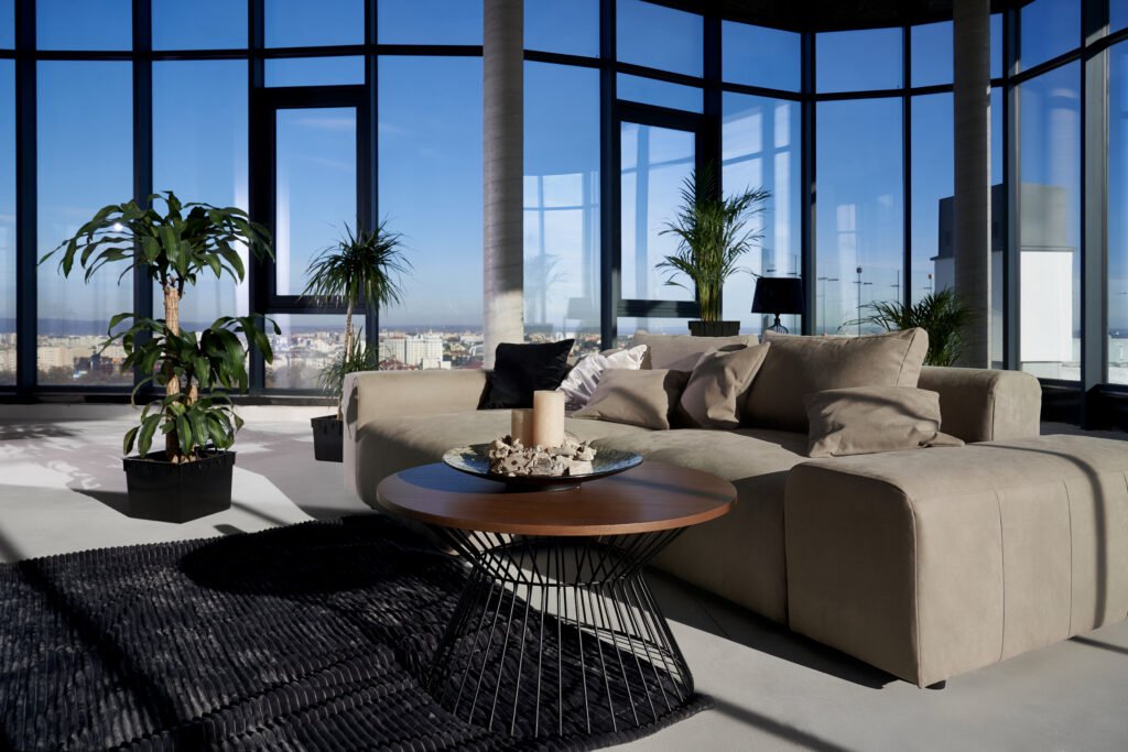 modern spacious room with large panoramic window.