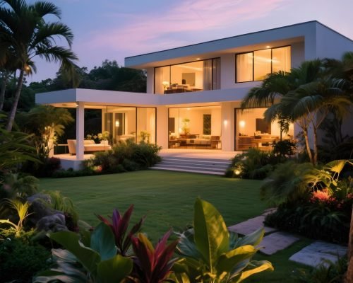 luxury home exterior dusk with illuminated garden (1)